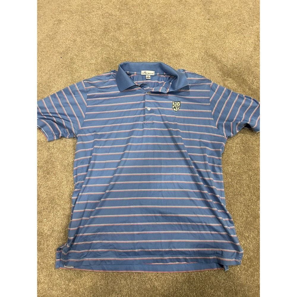 Peter Millar Mens Golf Polo Shirt Men M Blue with Red Grey stripes (HF Logo)